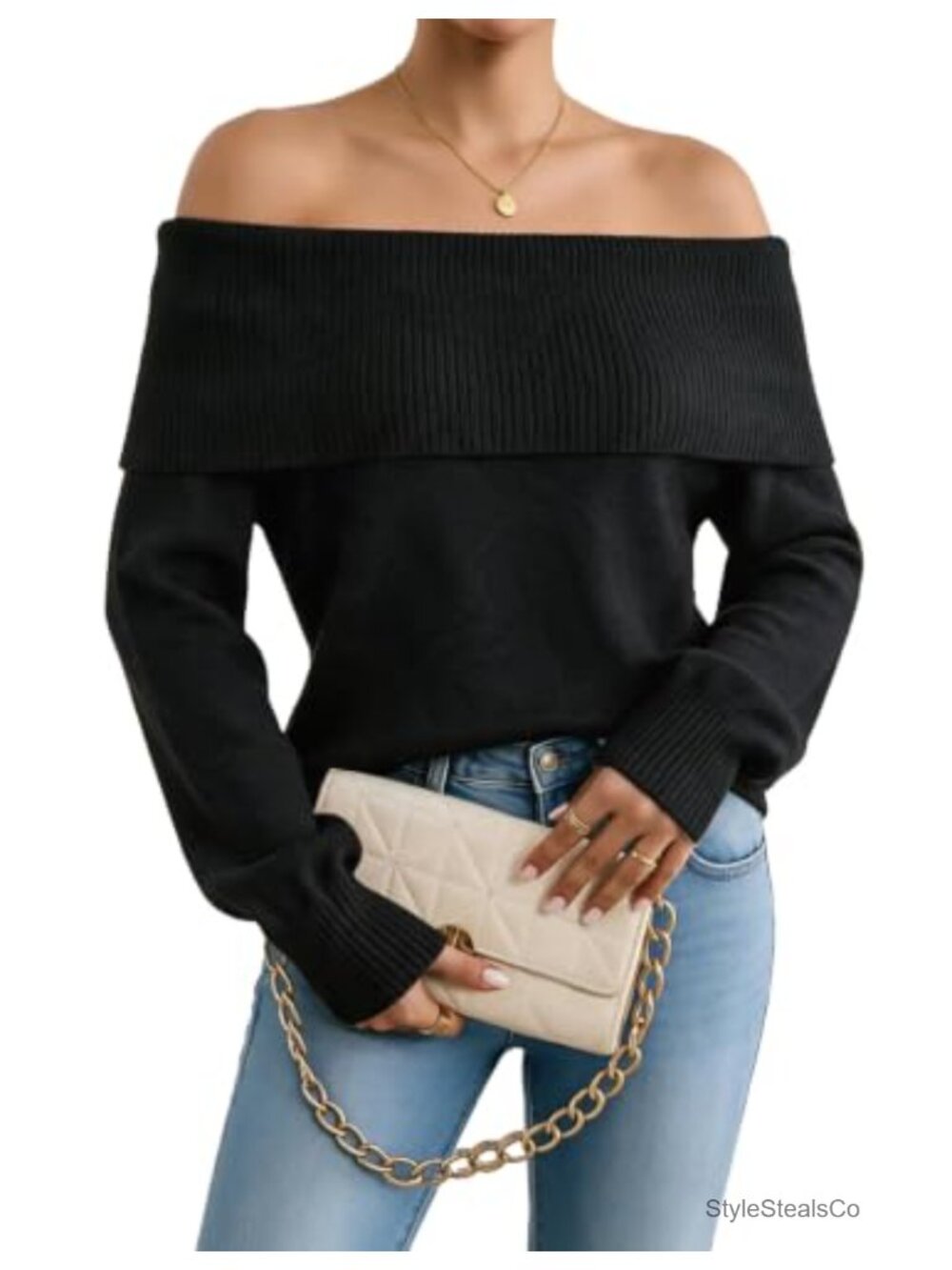 Off Shoulder Ribbed Knit Sweater Acrylic Pullover